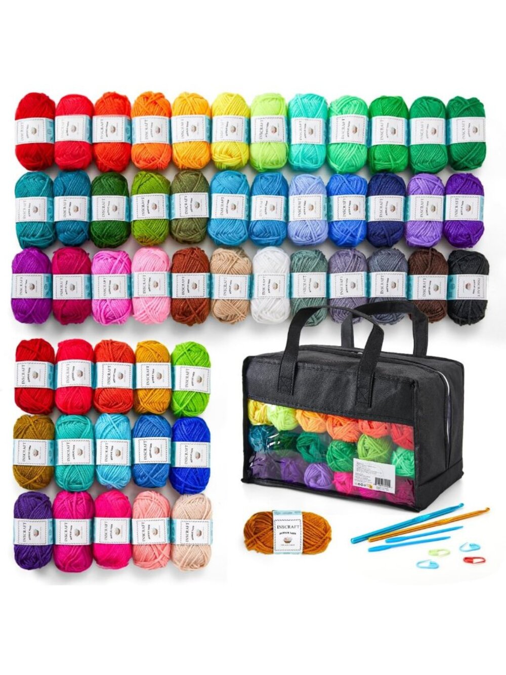 52 Acrylic Yarn Skeins Set - 1820 Yards, 52 Colors, Crochet Hooks & Needles